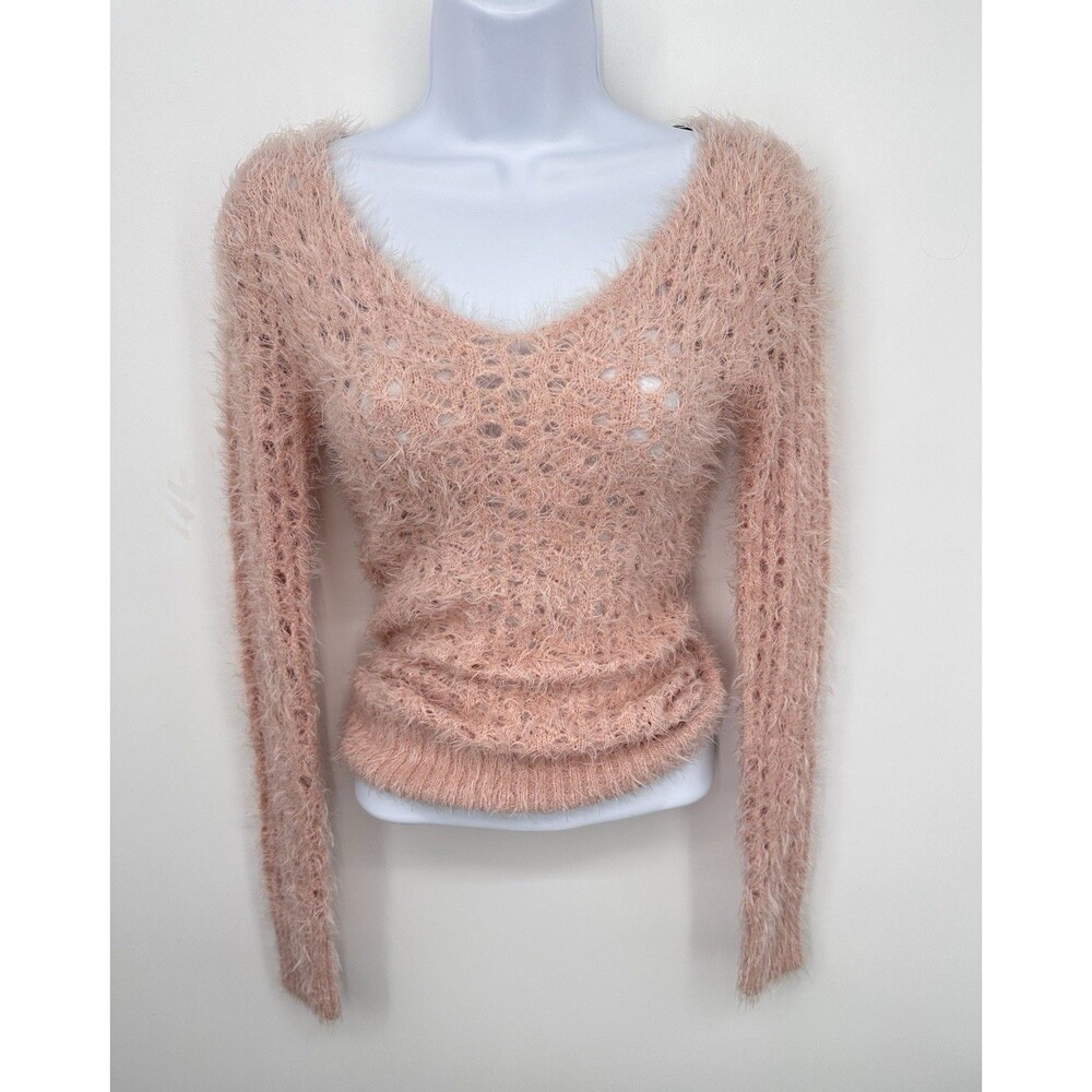 NEW! BEBE PINKY2K eyelash Knit FUZZY PULLOVER LONG SLEEVE SWEATER XS dead stock